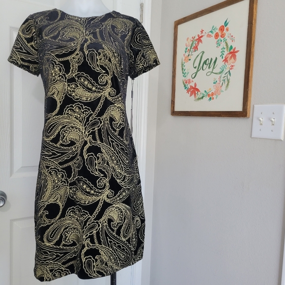 Calvin Klein Black Velvet and Gold Paisley Embroidered Dress Gold Zip 8 NWT - Picture 1 of 16
